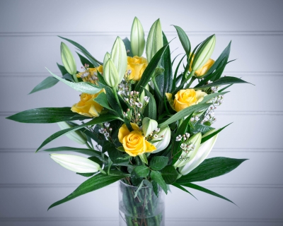   White Lily, Waxflower, Yellow Rose Flower Bouquet